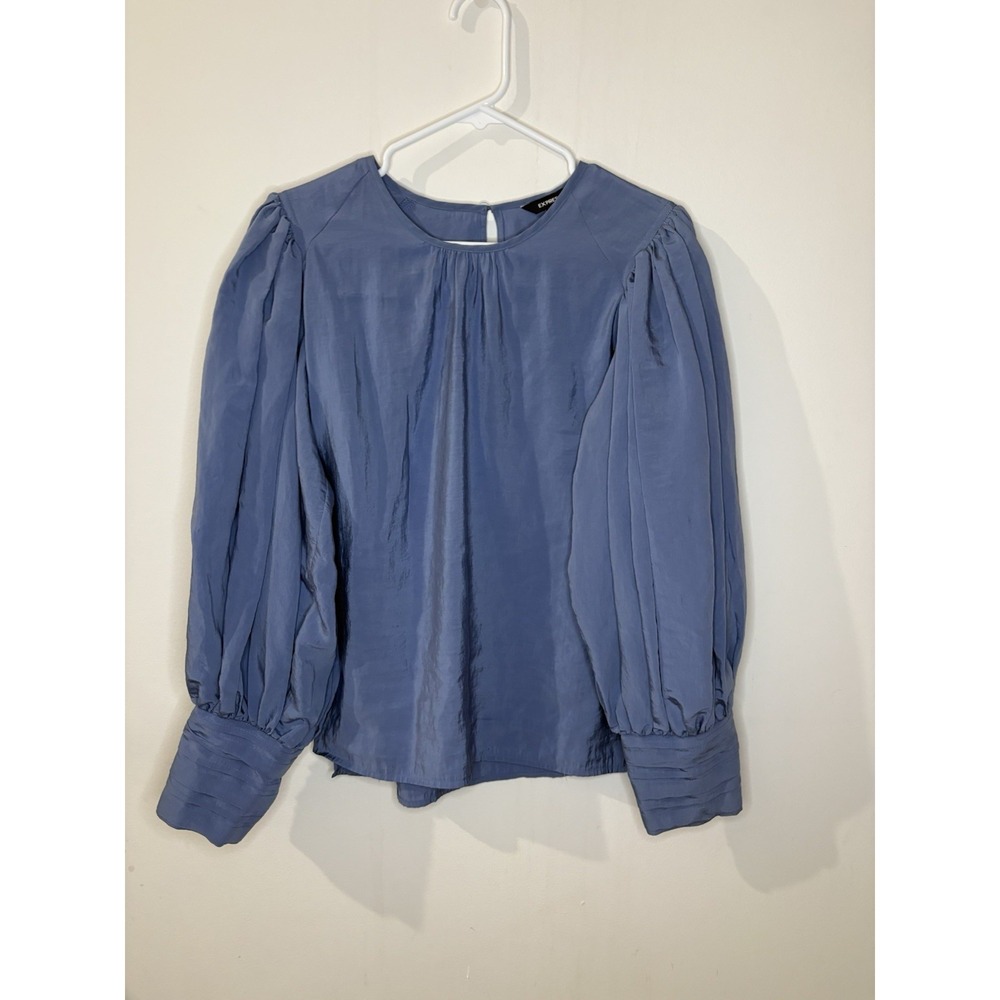 Express Blouse Womens Medium Blue Preppy Balloon Puff Sleeves - Picture 3 of 12